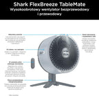 Shark FlexBreeze TableMate Wentylator bezprzewodowy wewnętrzno-zewnętrzny, do 24 godz. pracy, wydajne chłodzenie, zasięg 20 m, cichy, 5 szybkości, oscylacja, zdalne sterowanie, zimowa mgła, FA150EU